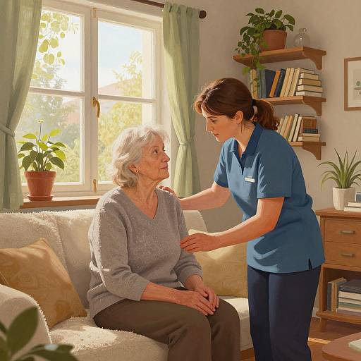 Photograph of a caring nurse in blue uniform gently touching an elderly woman's shoulder in a sunlit living room with green curtains and potted plants.