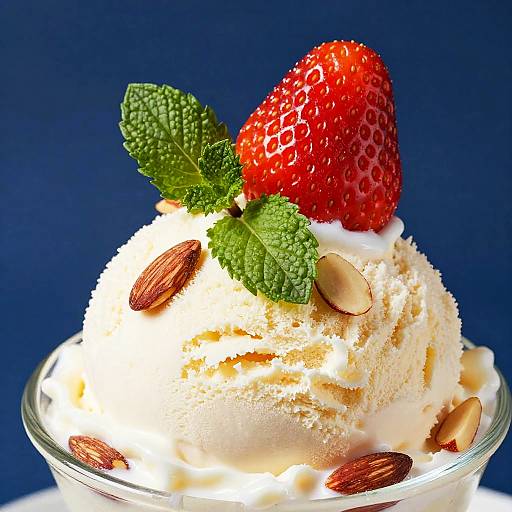Photograph of a creamy ice cream scoop topped with a red strawberry, green mint leaves, and almond slices, in a glass bowl against a dark blue