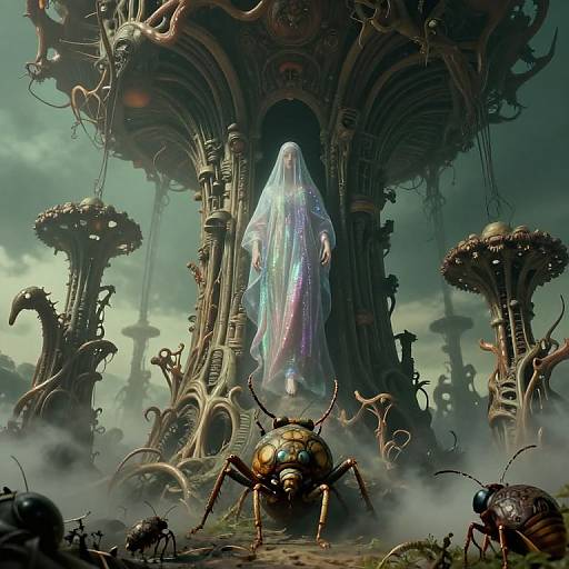 Digital artwork of a glowing, ghostly figure in a translucent cloak, centered among eerie, twisted mechanical structures and giant insects under a cloudy sky.
