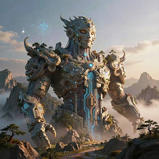 Digital art of a futuristic, cybernetic dragon warrior with glowing blue circuits and intricate armor, set in a misty, mountainous landscape.