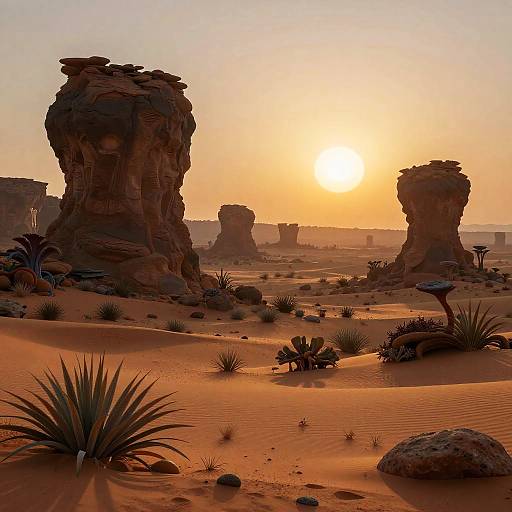 Photograph of a desert landscape at sunset, featuring towering rock formations, spiky desert plants, and orange sand dunes under a glowing sun.