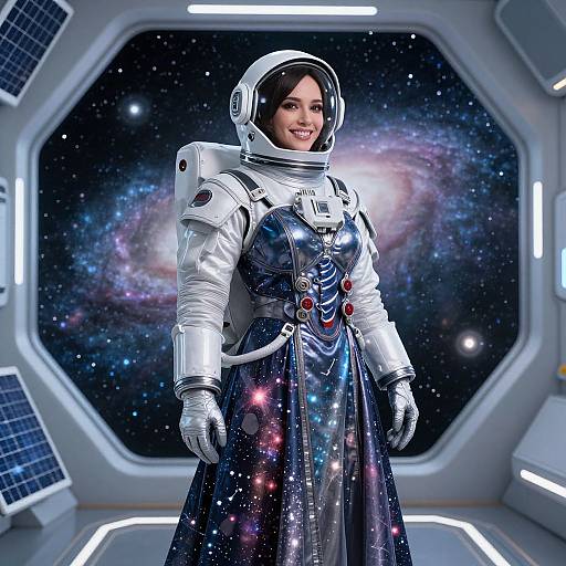 Photorealistic image of a smiling Asian woman in a silver spacesuit with a galaxy-patterned dress, standing in a futuristic spacecraft with a starry