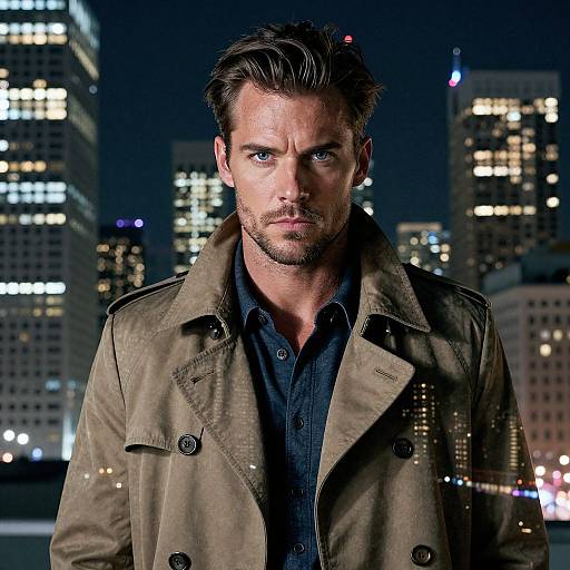 Photograph of a serious, bearded man with blue eyes, wearing a green military-style coat over a black shirt, standing in a nighttime cityscape