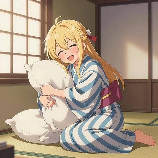 Anime girl in striped yukata hugging pillow