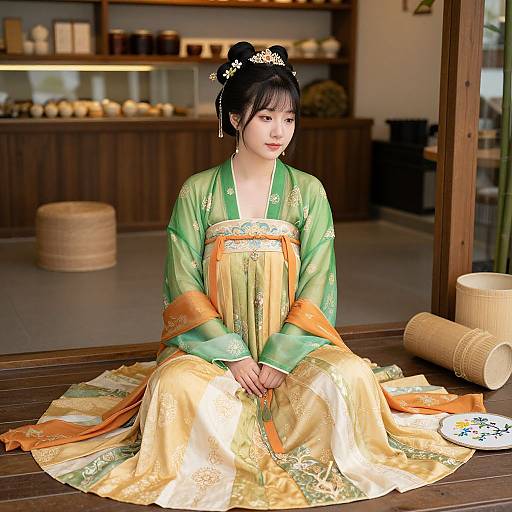 Photograph of an Asian woman in traditional green and yellow kimono, seated on wooden floor in a wooden-walled room, adorned with ornate hair