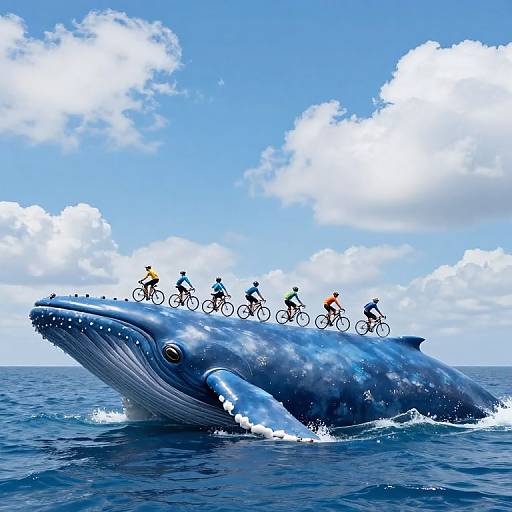 Digital illustration: Seven cyclists riding atop a large, blue, surfacing whale in the ocean under a bright blue sky with white clouds.