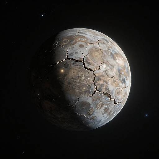 Digital art of a cracked, moon-like planet illuminated on the right, showing detailed craters and textures against a dark, star-filled space background.