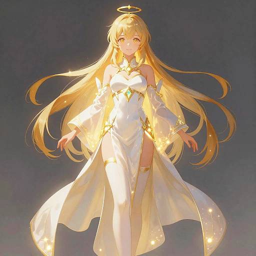 Anime-style digital illustration of a glowing blonde angelic girl with long hair, wearing a white, luminous dress, halo above head, radiant light,