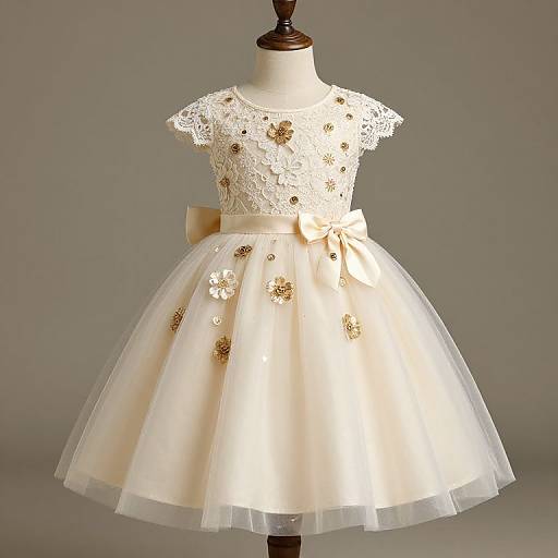 Photograph of an elegant, cream-colored children's dress with lace bodice, floral embroidery, short sleeves, and a full tulle skirt, displayed
