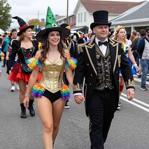 Photograph of a parade: smiling woman in gold corset, rainbow wristbands, green hat, black shorts, holding hands with man in black top