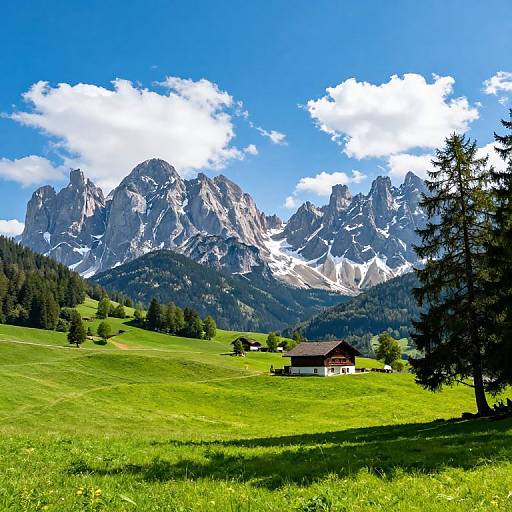 Photograph of a vibrant alpine meadow with a small wooden chalet, towering snow-capped mountains, clear blue sky, and scattered white clouds