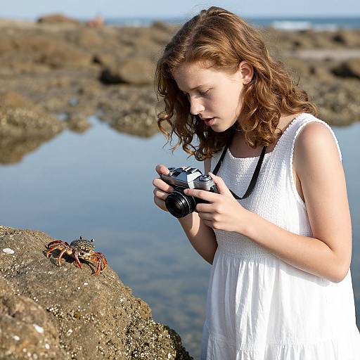 Photograph of a young woman with wavy brown hair, wearing a white sleeveless dress, focusing on a camera by rocky shore with a small crab