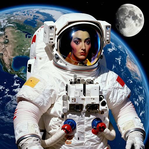 Digital artwork of an Asian woman in a white astronaut suit, with a reflective helmet, floating in space against Earth and the moon.