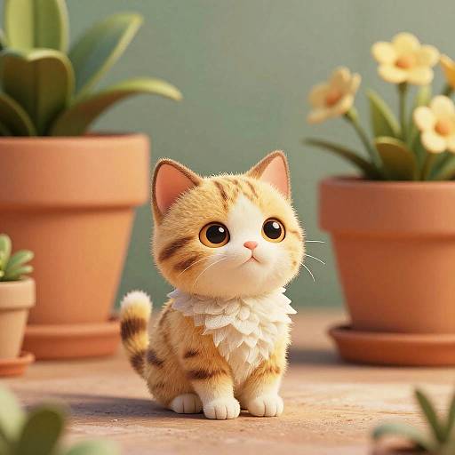 Tiny Cute Cat in Flowerpot Render