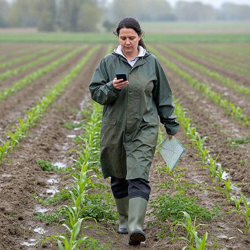 Woman Navigates Rainy Spring Field