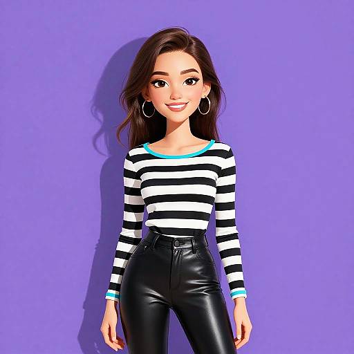 Digital art of a smiling Asian woman with long dark hair, wearing a black-and-white striped shirt, blue-trimmed, black leather pants, and