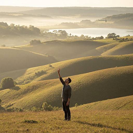Photograph of a man in a gray shirt and black pants, standing on a grassy hill, raising his right arm towards a sunlit, fog