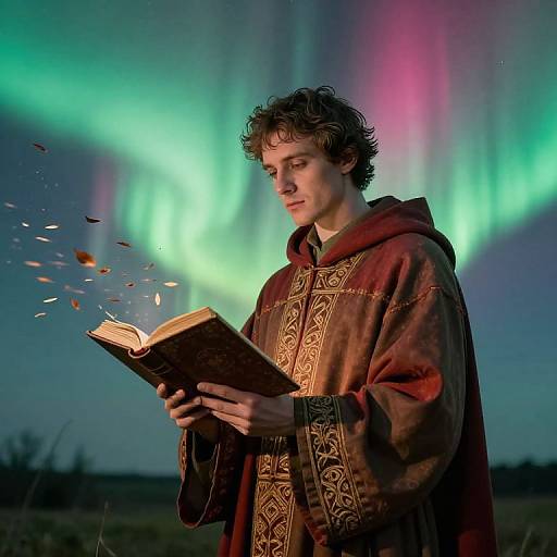 Photograph: Young man with curly hair, wearing medieval robe, reading an open book as colorful aurora borealis lights the night sky.