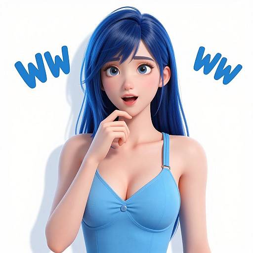 Digital 3D anime-style portrait of a surprised blue-haired woman with large blue eyes, wearing a light blue tank top, against a white background with