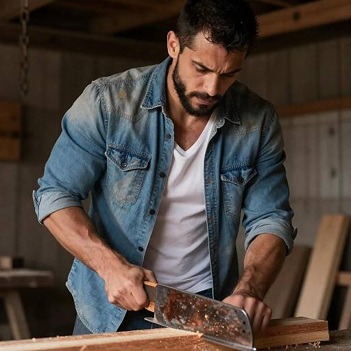 Muscular Carpenter Sawing in Rustic Shed