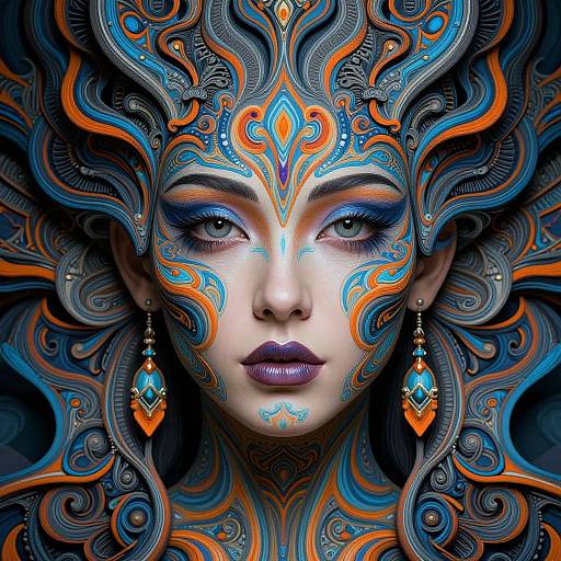 Digital artwork of a woman with intricate blue, orange, and black swirling patterns on her face and head, wearing matching ornate earrings, with intense purple
