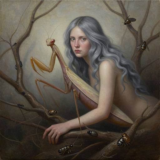 Digital painting of a pale, long-haired woman with a topless upper body, leaning on tree branches with a praying mantis beside her, surrounded by