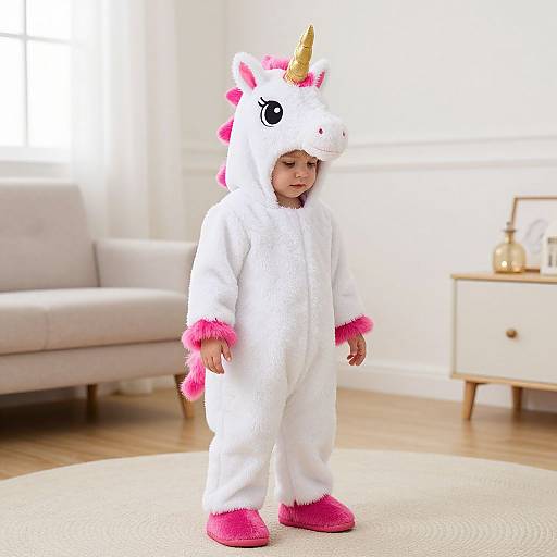 Photograph of a young child in a white unicorn onesie with pink accents, standing in a bright, modern living room.
