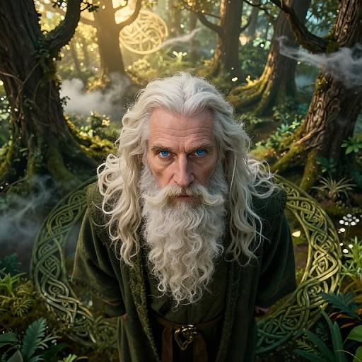 Photorealistic CGI of an intense, elderly wizard with a long white beard, blue eyes, and green cloak, standing in a mystical forest illuminated by