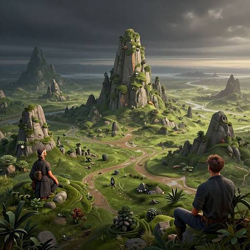 Digital fantasy landscape: Two people stand on a grassy hill, overlooking lush, green mountains with winding paths, small houses, and a cloudy sky.