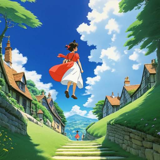 Anime Girl Flying Over Village Path