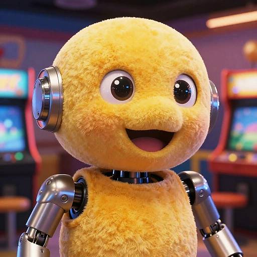 CGI image of a cheerful, yellow, fuzzy, robot-like puppet with large black eyes and metallic arms, set in a brightly lit arcade.