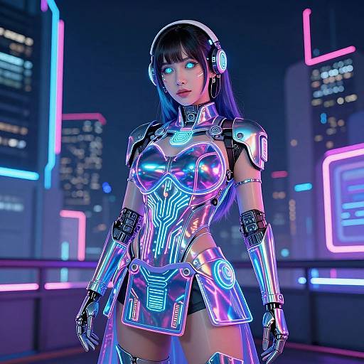 Neon-lit cyberpunk CGI of a glowing, futuristic female android with blue eyes, metallic armor, and high-tech headgear, standing in a