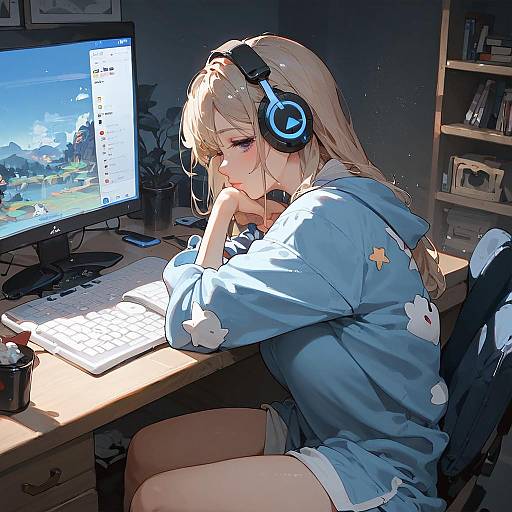 Anime Girl Gaming at Night Setup