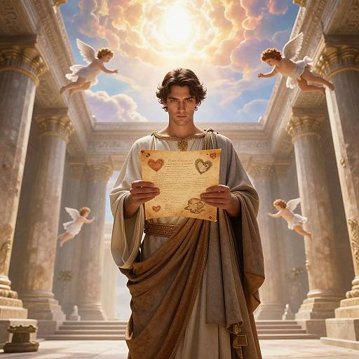 Photorealistic digital art: Young man with curly hair in ancient Roman robe, holding love letter with heart symbols, stands in sunlit, columned
