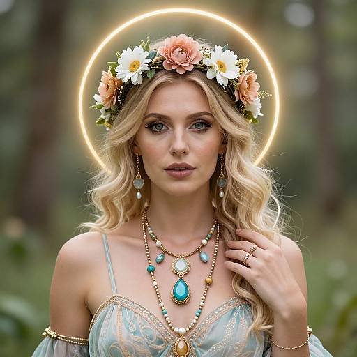 Photorealistic image of a blonde woman with a glowing halo, wearing a floral crown, blue lace dress, and turquoise jewelry, in a forest.