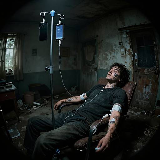Photograph of a tattooed man with dark curly hair, wearing a black shirt and pants, reclining in a worn, dimly-lit room