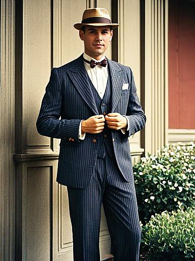 Man in 1920s Pinstripe Suit and Straw Hat