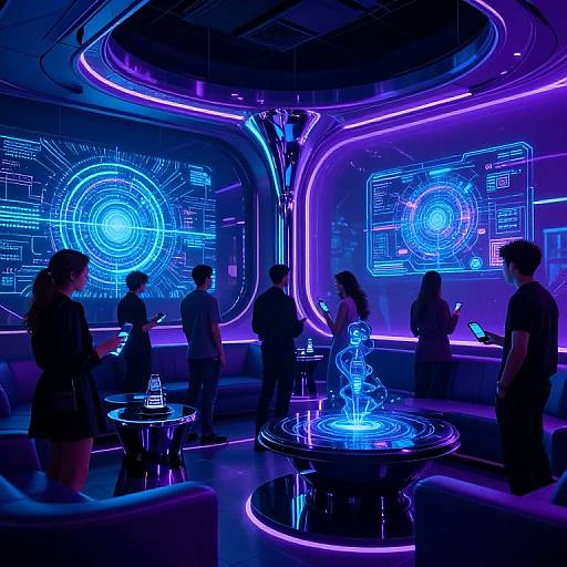 Photograph of a futuristic, neon-lit room with blue and purple holographic screens, six silhouetted people, and a glowing blue water