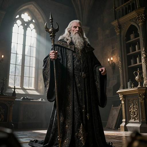 Elderly Evil Wizard in Luxurious Medieval Castle