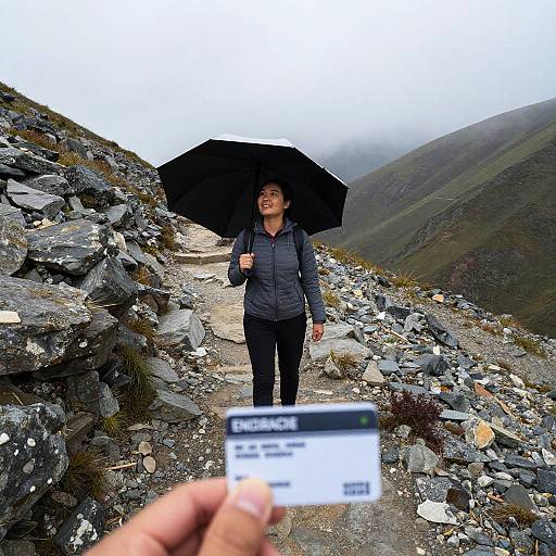Woman Hiking on Rocky Mountain Trail with Umbrella