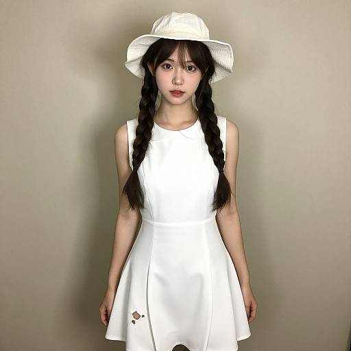 Digital portrait of an Asian woman with long black braids, wearing a white sleeveless dress and a wide-brimmed white hat, standing against a
