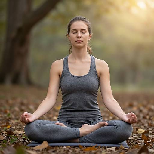 Photograph of a fair-skinned woman with brown hair in a ponytail, wearing a gray tank top and leggings, meditating in a forest,