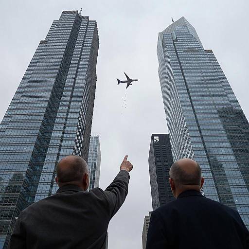 Elevated Cityscape with Airplane and Birds