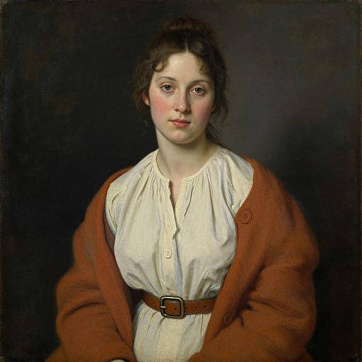 18th-century portrait of a fair-skinned woman with brown hair, wearing a white blouse, brown belt, and rust-colored cardigan, dark background