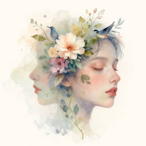 Watercolor portrait of a serene woman with closed eyes, adorned with a floral crown featuring roses, leaves, and small birds.