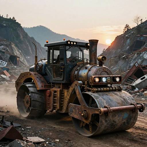 Steampunk Steam Roller in Post-Apocalyptic Valley