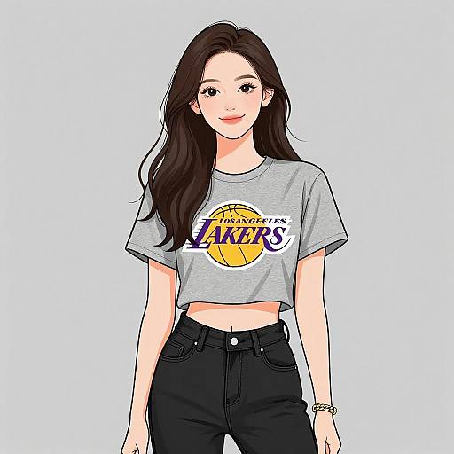 Digital illustration of a young woman with long brown hair, wearing a gray 