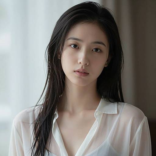 Photograph of a young East Asian woman with long black hair, fair skin, and neutral expression, wearing a sheer white button-up shirt, against a