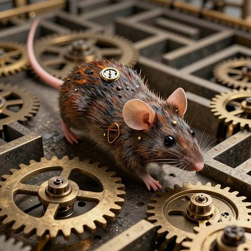 Photograph of a realistic, brown and black mouse with metal gears and cogs in its fur, standing on a maze-like gear mechanism. Mouse's