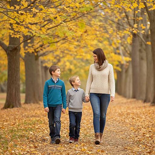Photograph of a brown-haired mother in a white sweater, blue jeans, and boots, holding hands with two boys in autumn forest, yellow leaves,